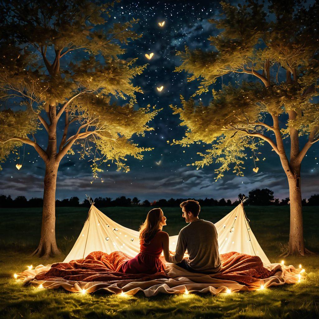 A romantic scene showing a couple sitting together under a starlit sky, sharing secrets and laughter. Soft glowing lights entwined in the trees around them, creating an intimate atmosphere. Illustrative hearts floating around to symbolize love and connection, with warm, inviting colors to enhance a feeling of closeness. A cozy blanket spread on the grass beneath them. super-realistic. warm colors. dreamy atmosphere.