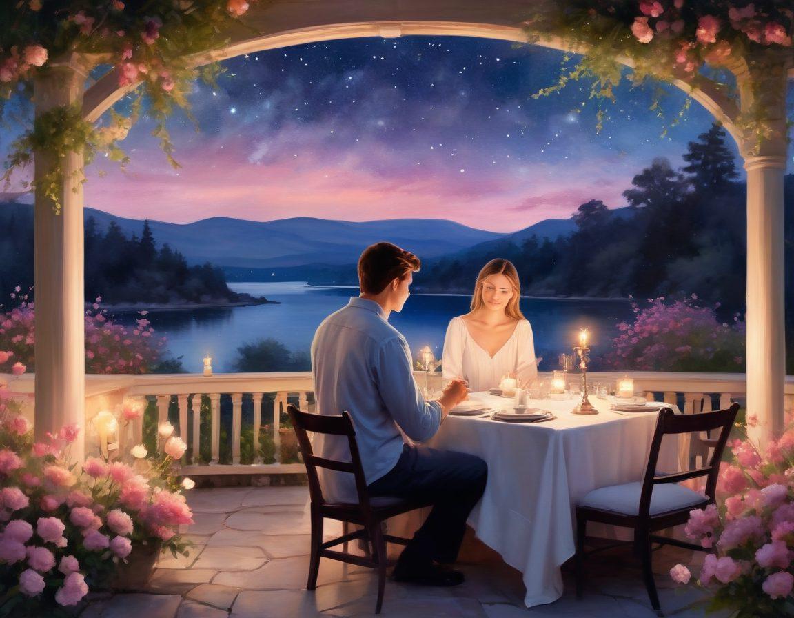 A serene and romantic setting featuring a couple enjoying an intimate dinner under a starlit sky, surrounded by soft candles and blooming flowers. The atmosphere exudes warmth and connection, with subtle gestures of affection like holding hands and gazing into each other's eyes. Incorporate soft, glowing lights and gentle hues to enhance the feeling of intimacy. watercolor style. soft pastel colors.