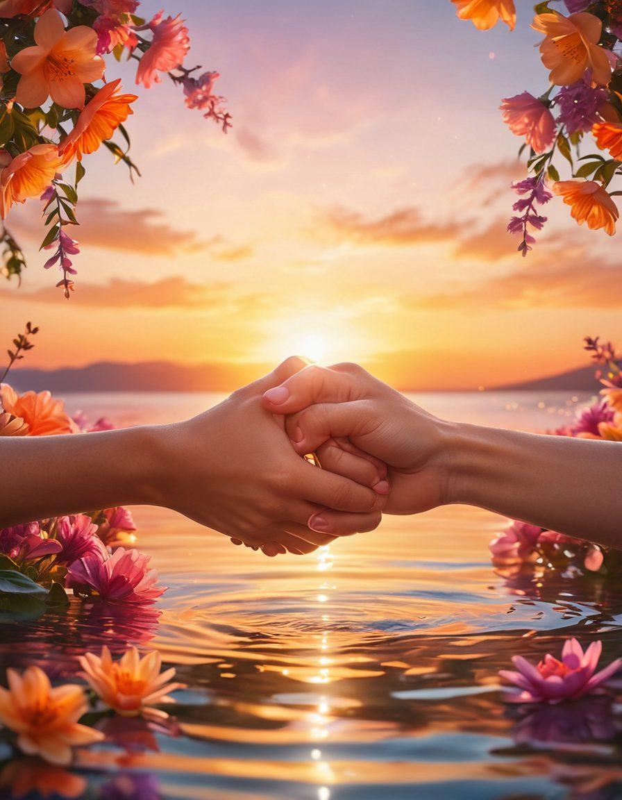 A close-up of two hands intertwined, symbolizing deep connection and love, surrounded by vibrant blooming flowers and soft glowing light that creates an atmosphere of warmth and tenderness. Capture a serene background of a sunset reflecting on water, enhancing the feeling of passion and lasting bonds. super-realistic. vibrant colors. soft-focus.